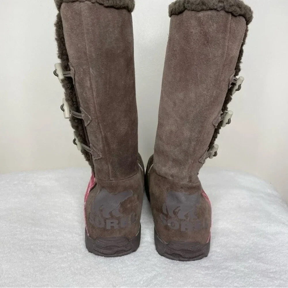 Sorel Boots Suka Suede Pink Plaid Fleece Lined Tall Snow Winter Brown Size 7